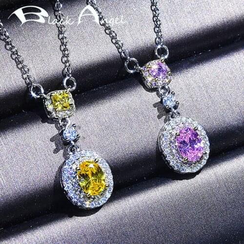 BLACK ANGEL 2020 New Oval Citrine Luxury Pink Crystal Gemstone CZ Pendant Necklace For Women 925 Silver Jewelry Wedding Gift