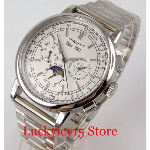 CORGEUT 42mm Black White Mechanical Men Watch Poilt Date Month Year Indicator Mental Band Seeing Back Polished Case