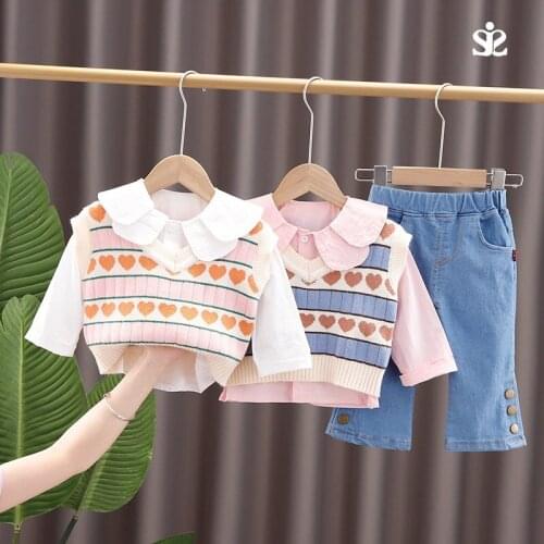 Children Fashion Baby Girls Causal Sweater Cute Vest Shirt Pants Jeans 3Pcs/Set Kids Infant Princess Clothing Toddler Tracksuit