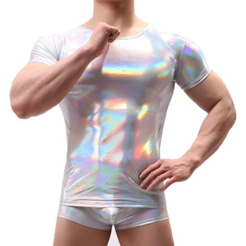 Men T shirts Shiny PU Leather Casual T Shirt Summer Shorts Sleeve Fitness Singlet Top Tee Party Clubwear Latex Streetwear Shirts