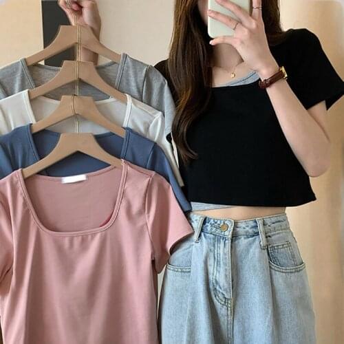 Short Sleeve T-shirts Women Retro Crop Tops Leisure All-match French Style Slim Square Collar Elegant Tees Mujer Summer