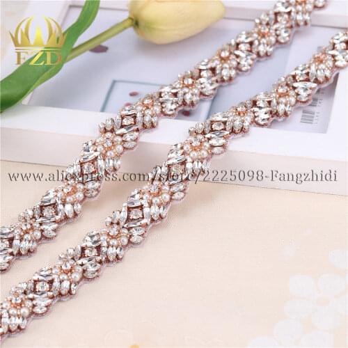 FZD 1 Yard Handmade Hot Fix Sewing on beaded applique Rhinestone Appliques for Wedding Gown Iron on Belt Waist Garters