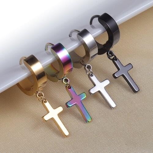 Punk Cross Stars Pendant Round Earrings for Rock Simple Stainless Steel Hypoallergenic Stud Earrings Jewelry