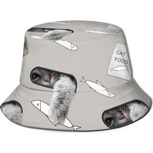 NOISYDESIGNS Fashion Women Men Unisex Breathable Bucket Hat Cats Fish Cartoon Gray Sun Cap Fishermans Hat Dropshipping