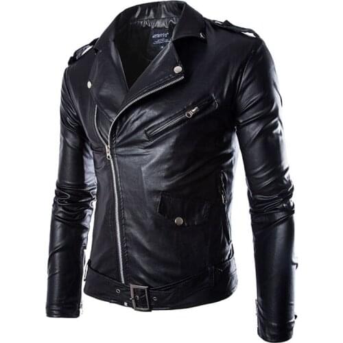 Mens PU Leather Jacket Causal Belted Faux Leather Motorcycle Jacket Zipper Biker Coat