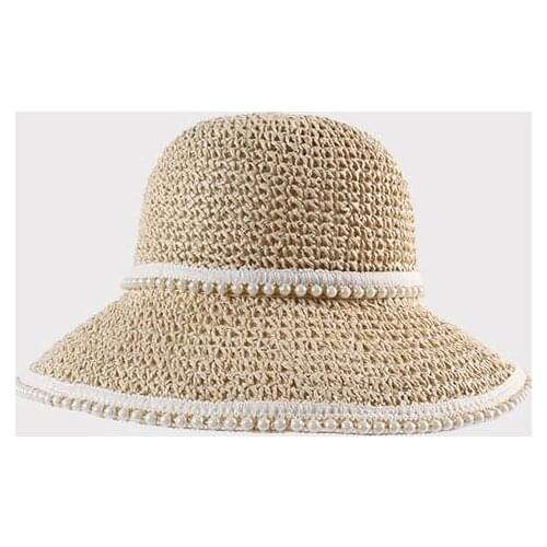 Solid Color Pearl Handmade Straw Hat Foldable Sun Hat Outdoor Travel Hat for Girl and Women 02