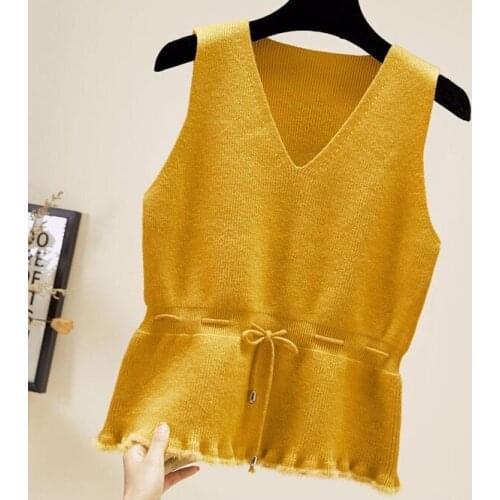 2021 Autumn Winter Knitted Vest Coat Waist Closing Trend Waistcoat Women Wear Loose Korean V-neck Pullover Girl Student Yellow