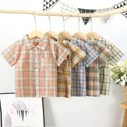 2021 New Summer Childrens Shirts Short Sleeve Classic Plaid Lapel Shirts Tops With Pocket Baby Boys Casual Shirts Kids Clothing