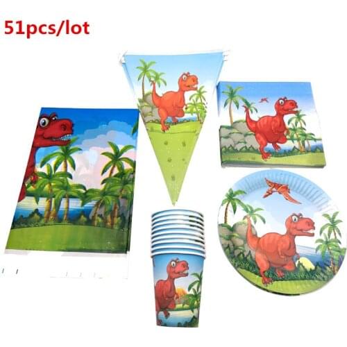 51pcs Dinosaur Theme Napkins Decorate Flags Cups Birthday Party Hanging Banner Baby Shower Boys Kids Favors Tablecloth Plates
