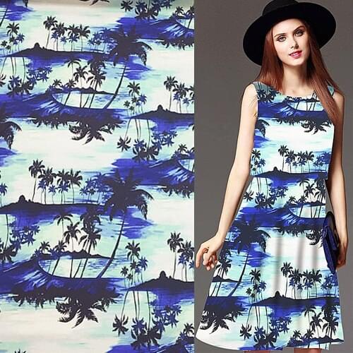 Sand beach and coconut tree pattern silk spun rayon silk fabric 32momme 49" width by yard,SRS032