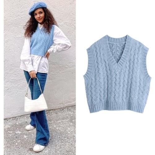 Snican Sleeveless Blue V Neck Sweater Vest Crop Tops Vintage Office Ladies Casual Pullover Femme Spring Pull Sans Manche Gilet