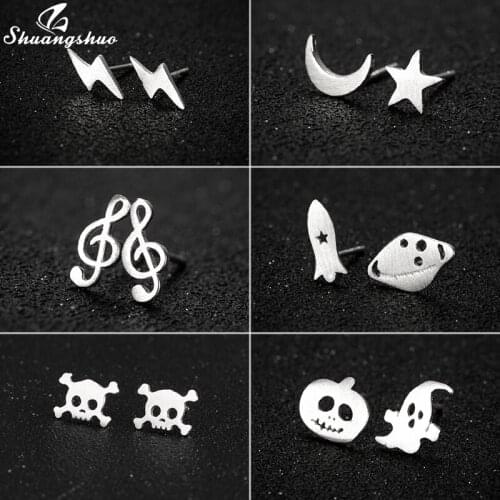 Shuangshuo Unique Miniamalist Moon Star Skull Earrings Fine Jewelry for Women Girls Punk Fashion 925 Sterling Silver Earrings