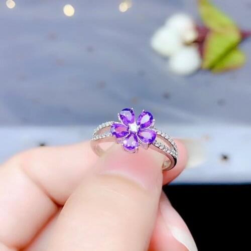 USPS Dropshipping Natural Real Amethyst Flower Ring for Women, 925 Sterling Silver Fine Jewelry with Certificate