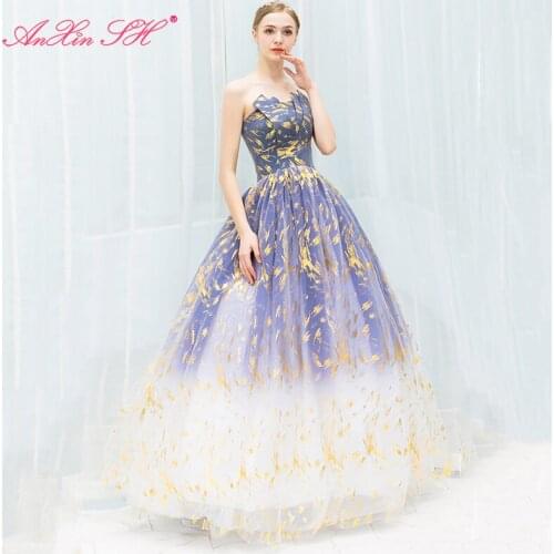 AnXin SH princess Haze Blue lace Gold Gradual Bride evening dress luxury Birthday strapless sleeveless blue Evening Dresses 7889