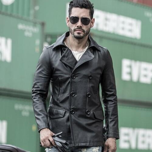 2020 Spring New Mens Leather Jacket Double Breasted Cow Leather Black Vintage Color Mens Jackets High Quality Leather Coat