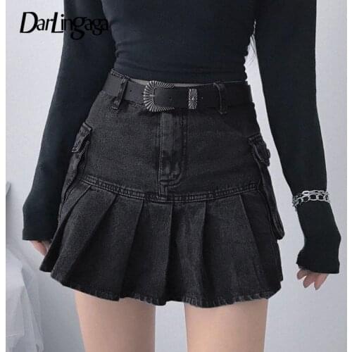 Darlingaga Streetwear Gothic Dark Cargo Pleated Skirt Mini Harajuku Pockets High Waist Skirt Women Hot Korean Goth Skirts Bottom