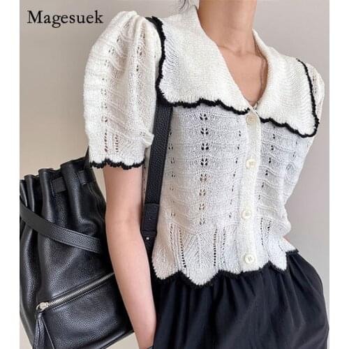 Korean New Peter Pan Collar Woman Blouses SummerHollow Out Lace Knit Shirts Puff Short Sleeve Women Tops Short Clothing 14254
