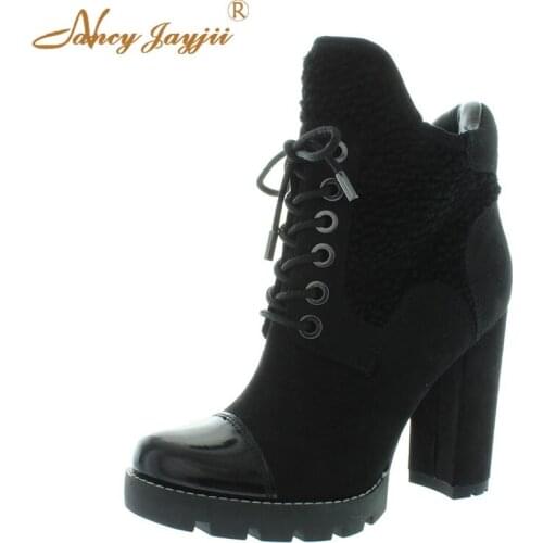 Women shoes Adult Ladies Black boots Zipper Super High Square heel Ankle Strap Round Toe Cross-Tied Fashion Elegant Mature 2019