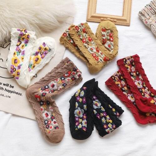 Lolita Style Flower Jacquard Womens Socks Cotton Cozy Breathable Autumn Winter Socks Korean Harajuku Cute Girls Socks Sokken