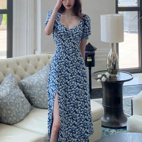 Womens Beach Elegant Vintage Retro Boho Slip Chiffon Floral Dress Summer Sexy V-Neck Casual Clothes Long Ladies Evening Dresses