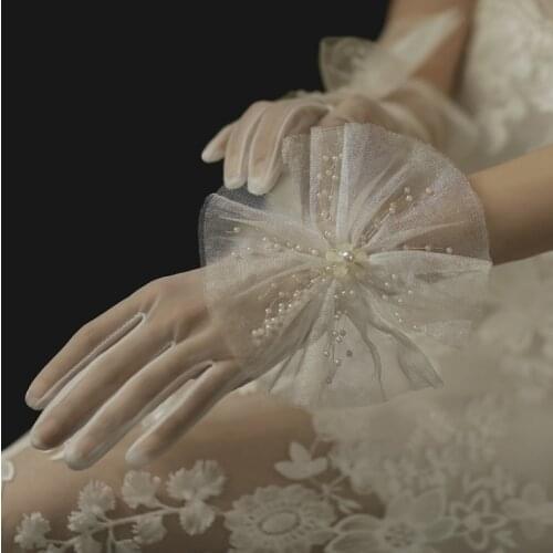 1 Pair Bridal Gloves Elegant Short Paragraph White Lace Glove Beautiful Wedding Accessories Large Bow Knot Marriage Glove