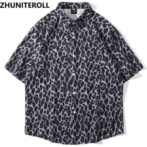 2021 Hip Hop Shirt Men Harajuku Leopard Print Summer Beach Shirt Pocket Hawaiian Short Sleeve Fashion Tops Streetwear Clothing