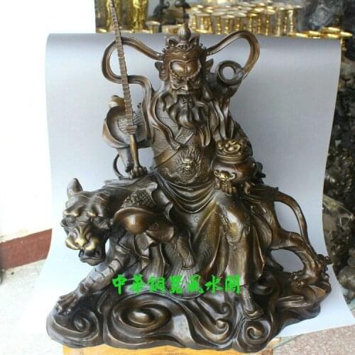 21'' China Folk Fengshui Bronze Wu Jambhala Mammon Wealth God Ride Tiger Statue