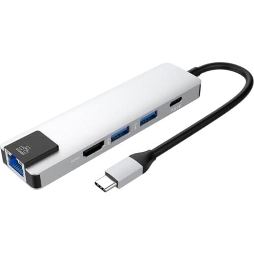 5 In 1 Type-C Dock USB Extender Splitter Adapter, Type-C To USB 3.0+HDMI+Gigabit Network+PD Hub, 4K HDMI HD Video Output USB-C