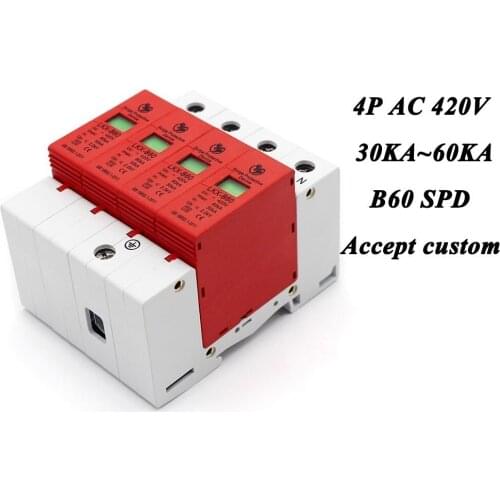 B60-4P 30KA~60KA ~420V AC SPD House Surge Protector Protective Low-voltage Arrester Device 3P+N Lightning protection