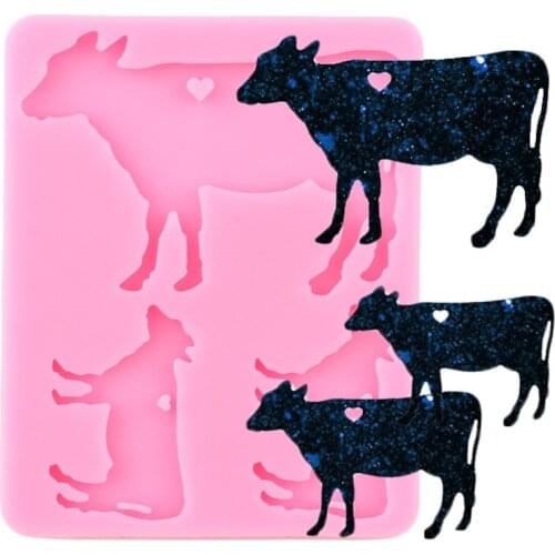 Shiny Cow Family Keychains Mold Polymer Clay DIY Bull Mom Baby Pendant Jewelry Making Glitter Epoxy Key Chain Silicone Molds