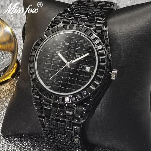 Mens Watches MISSFOX Top Luxury Hip Hop Full Baguette Diamond Watch Iced Out Black Waterproof Dive AAA Clocks Relogio Masculino