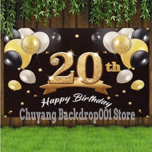 Happy 20th Birthday Banner Photography Backdrop Party Decorations Supplies For Men Him -Black Gold Background