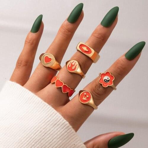 Docona 6pcs/set Creativity Heart Flame Rings for Women 2021 New Trendy Drop Oil Enamel Yin Yang Ring Set Jewelry Anillos 19792