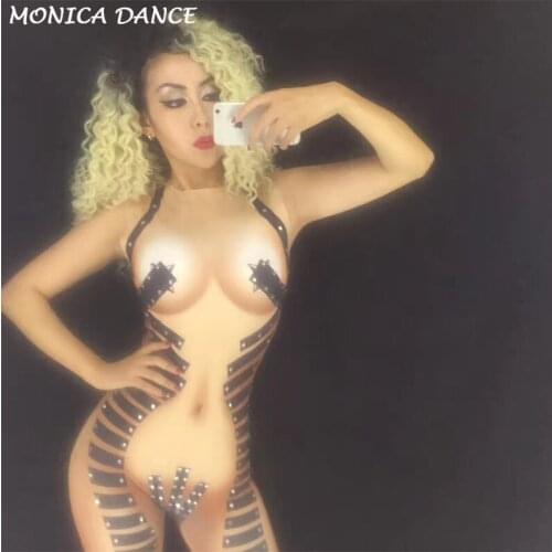 Metal Black Stage Jumpsuit Sparkling Crystals Bodysuit Nightclub Party DJ Dancer Singer Stage Wear Costume Women Sexy Outfit