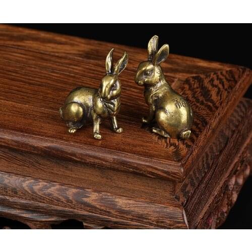 1 Pair Antique Copper Zodiac Lucky Rabbit Statue Ornaments Vintage Solid Brass Animal Miniature Figurine Tea Pet Desk Decoration