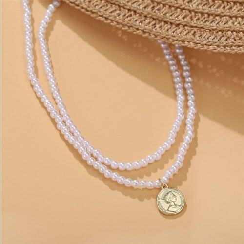 Fashion Double Layered Pearl Necklace for Women Gold Color Engraved Portrait Coin Necklace Choker Statement Jewelry Gifts