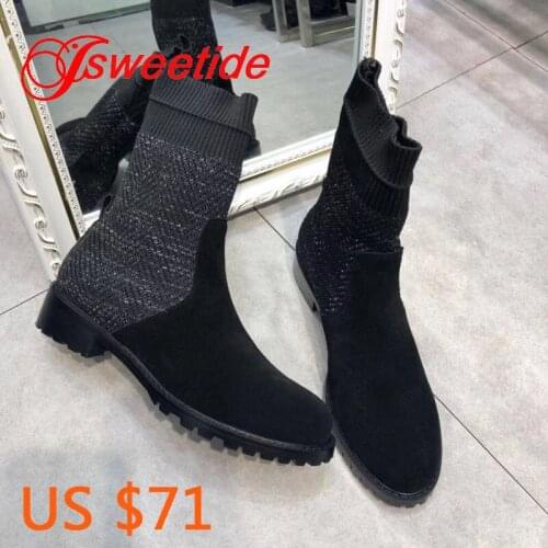 Fashion Brand Knitting High Quality Women Boots Cow suede upper Autumn And Winter Genuine Leather designer boots