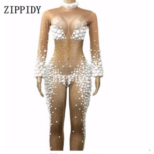 Fashion Sexy White Small Balls Christmas Jumpsuit Stage Wear Costume Rompers Womens Stretch Nude Bodysuit