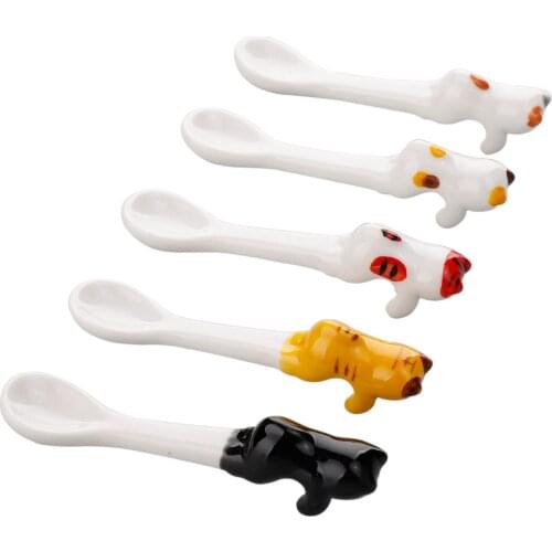Cartoon Hanging Spoon Animal Teaspoons Coffee Spoons Ceramics Lovely Cat Dessert Cut Ceramic Kitchen And Bar Stainless Steel