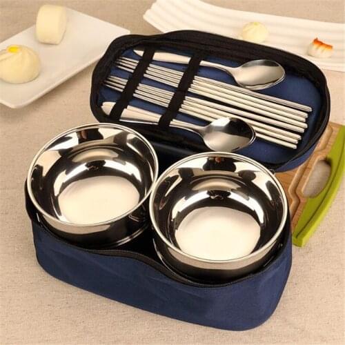 New Portable Barbecue Tableware Set Camping Stainless Steel Bowl Chopsticks Spoon Suit Bag Tableware Set New Arrivals