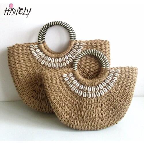 New Women round bucket semicircle straw bag handmade shell woven basket rattan handbag vacation beach bag