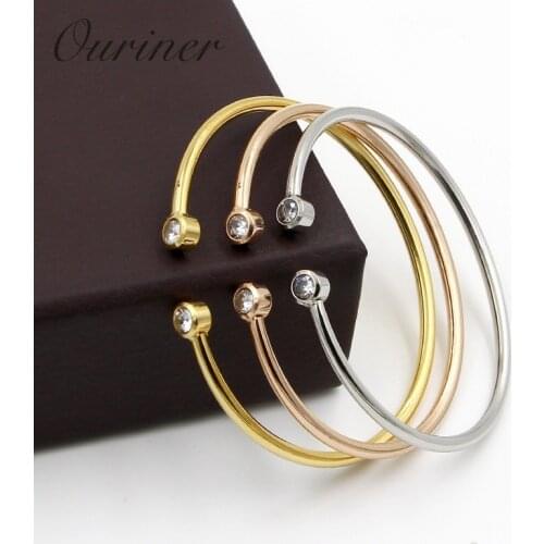 New Brand Bangle Top Quality Color Gold Stainless Steel Jewelry Inlay CZ Crystal Letter Noble Women Cuff Bangles Bracelets K0101