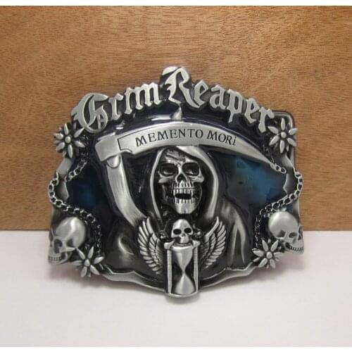 BuckleClub wholesale blue enameled GRIM REAPER skull cowboy jeans gift belt buckle FP-02388-1 pewter finish 4cm width loop