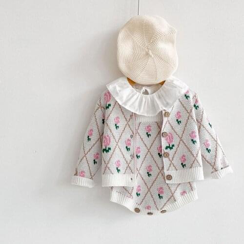 2021 Autumn New Baby Girl Sweater Set Infant Knit Bodysuit Fashion Baby Flower Knit Cardigan Coat Casual Toddler Knitted Sweater