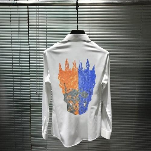 Simple Black White Mens Shirt Trendy Clothing Skull Hot Drilling Brand Korean Style Slim Fashion Long Sleeves