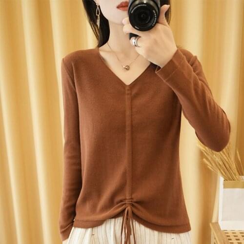 Zocept V-Neck Pullover Womens Casual Loose Middle Drawstring Style Pure Cotton Knitted Long Sleeve Sweaters Spring Autumn