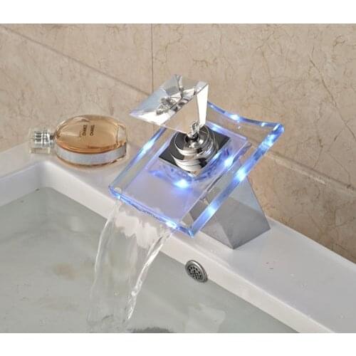 Contemporary Chrome Finish LED Bathroom Waterfall Spout Glass Bathroom Sink Faucet Single Handle Mixer Tap