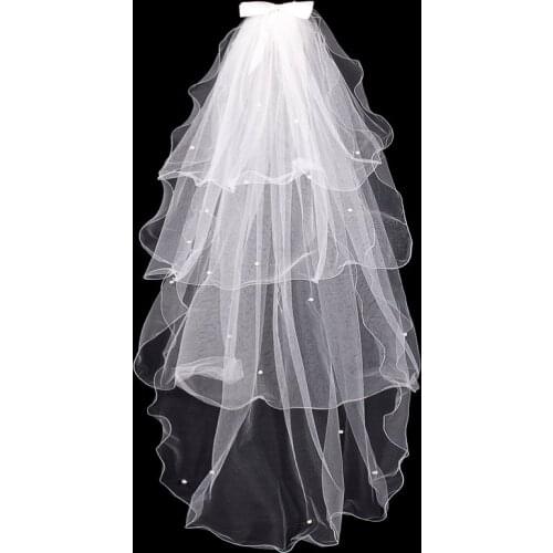 Wedding Veil White Waterfall Tulle Bows 4 Tiered Bridal Veil