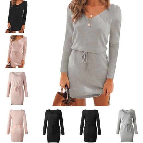 V Neck Women Sashes Long Sleeve Casual Dress Pink Black Gray Slit Mini Autumn Winter Knitted 2021 Warm Short Dresses