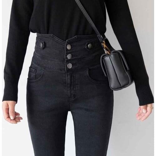 Woman Jeans Pants Black High Waist Breasted Skinny Pencil Jeans Skinny Pants Pantalones Vaqueros Mujer